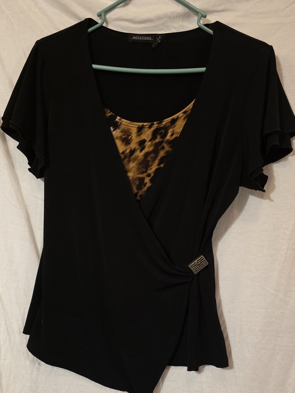 Notations Black Faux-Wrap Top with Leopard Inset